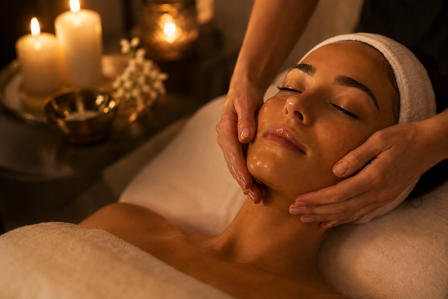 Client receiving a holistic facial massage in warm candlelit light