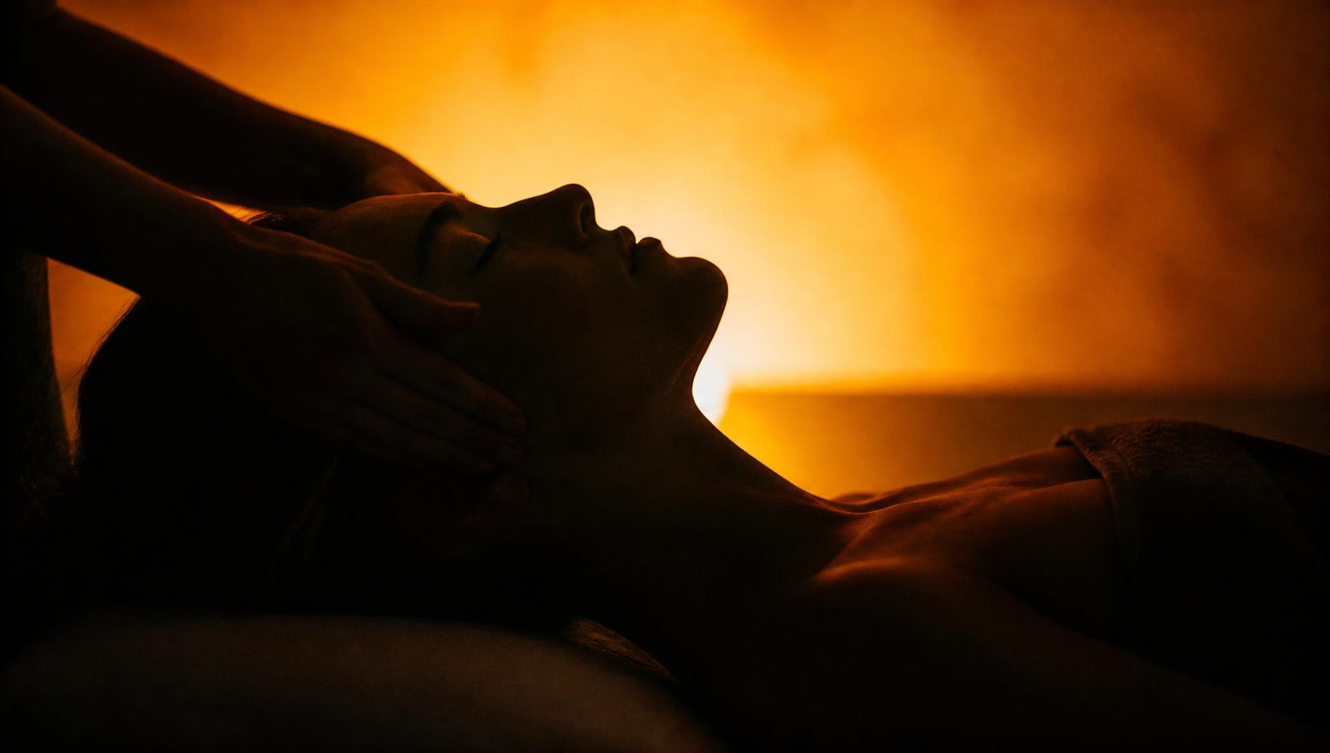 Silhouette of a client receiving a facial treatment against warm golden light